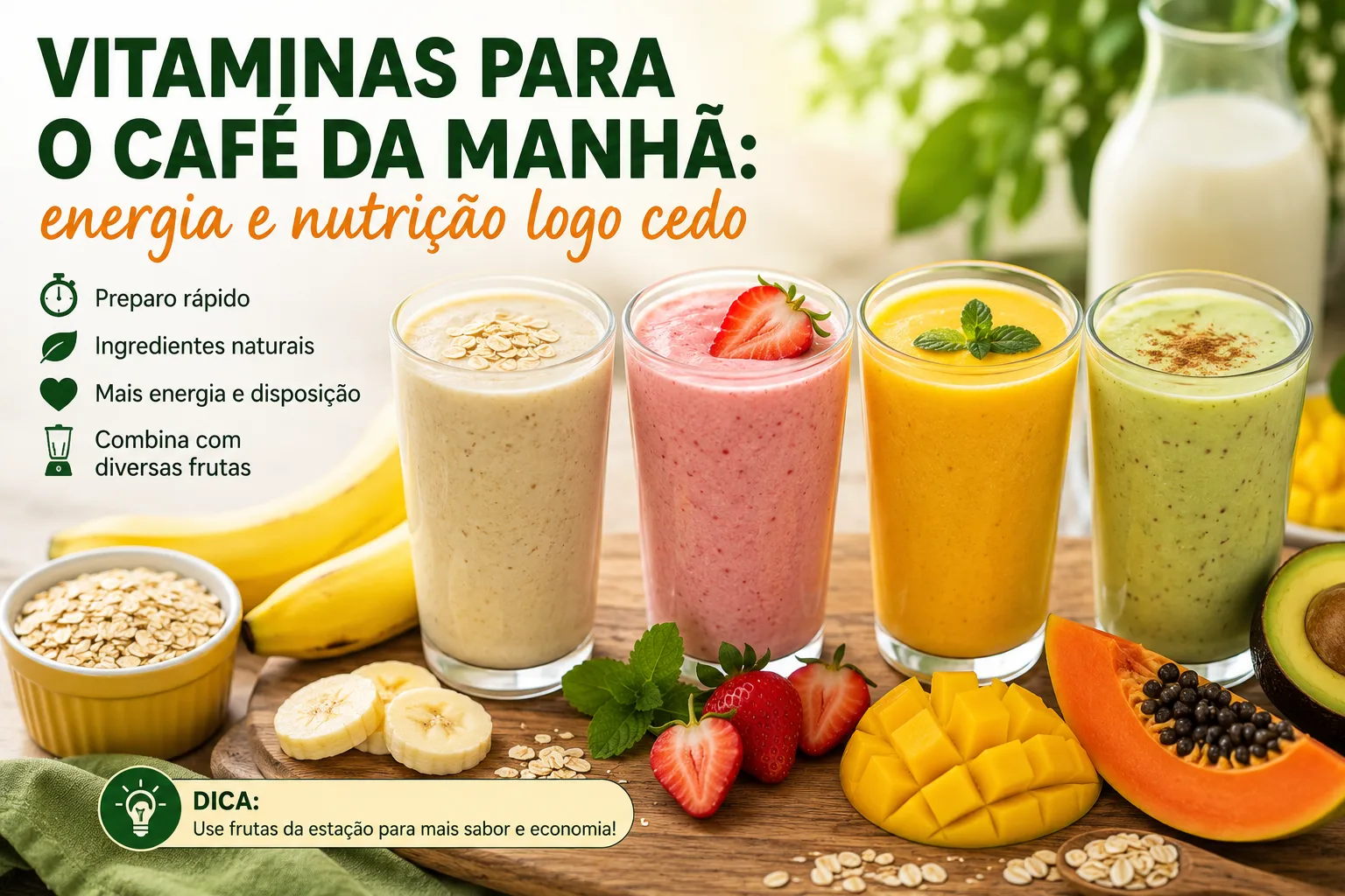 As vitaminas surgem como uma alternativa versátil, pois podem ser preparadas com frutas da estação, leite, iogurte, aveia e diversos outros ingredientes que costumam estar presentes na cozinha.
